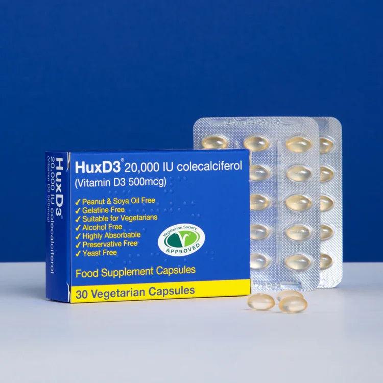 HuxD3 20,000 IU Vitamin D3 capsules, vegetarian, highly absorbable, peanut-free, in blue packaging with blister packs