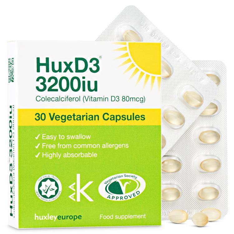 HuxD3 3200iu Vitamin D3 Colecalciferol 30 vegetarian capsules in a box and blister pack.