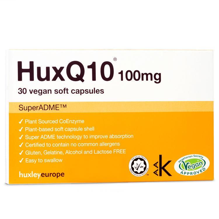 HuxQ10 100mg Coenzyme Q10 30 vegan soft capsules box.