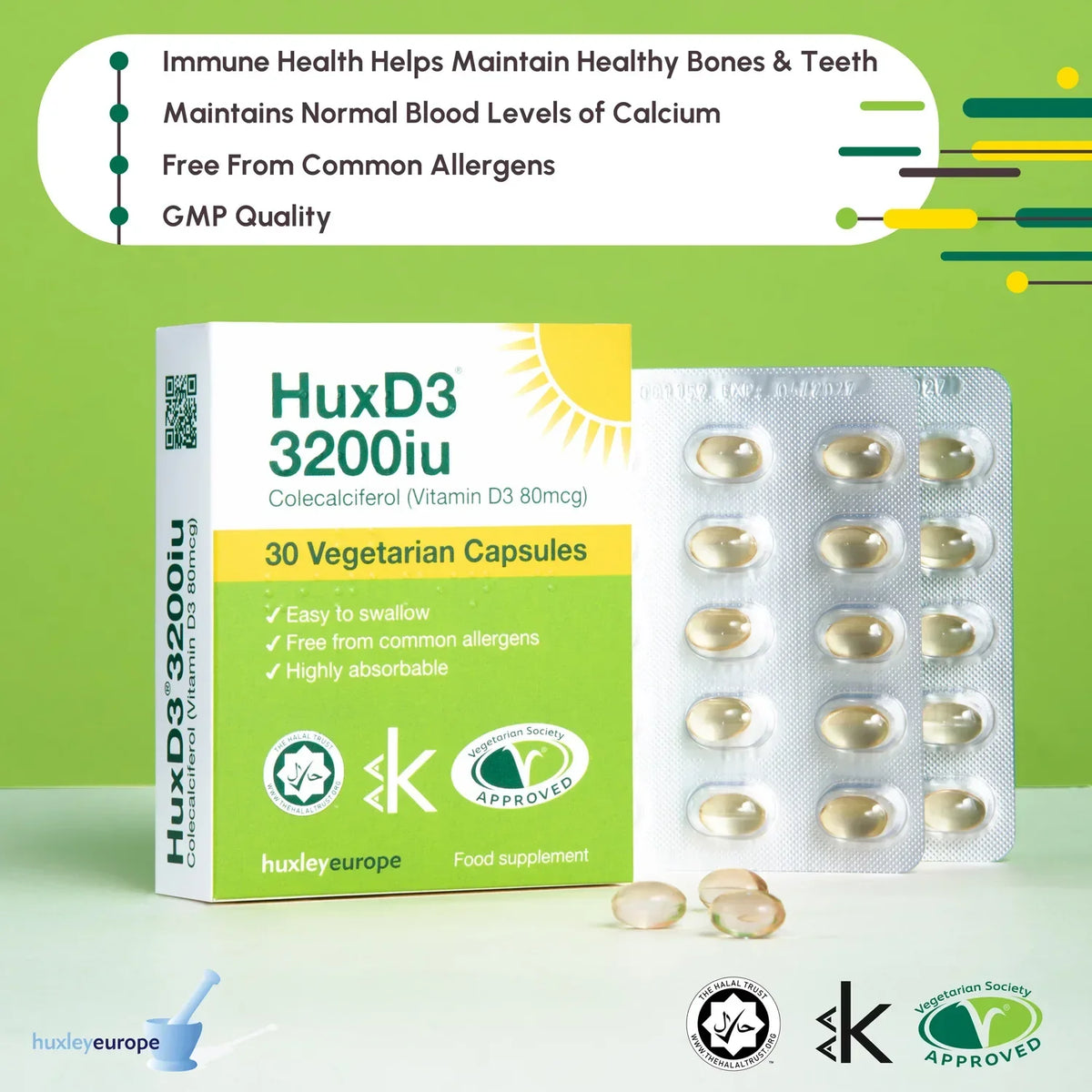 HuxD3 3200iu Vitamin D3 Colecalciferol 30 vegetarian capsules supplement box and blister pack.