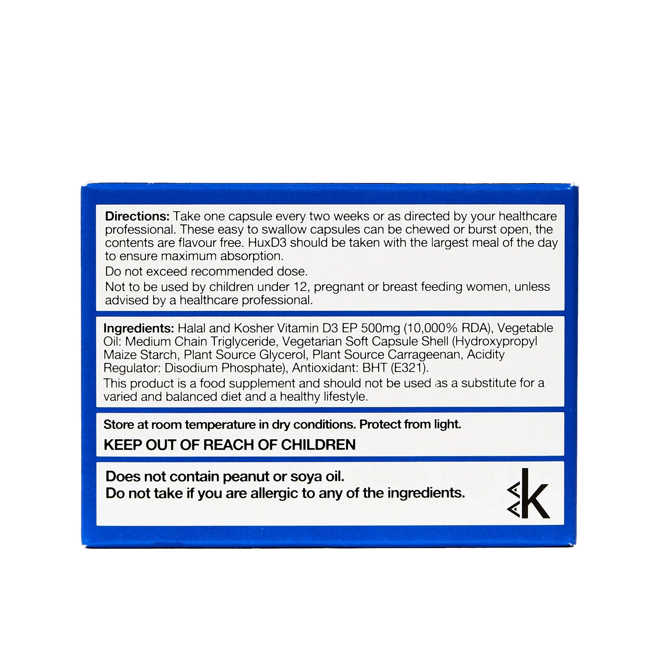 Vitamin D3 supplement box with usage instructions and ingredients, Halal and Kosher certified, allergen-free