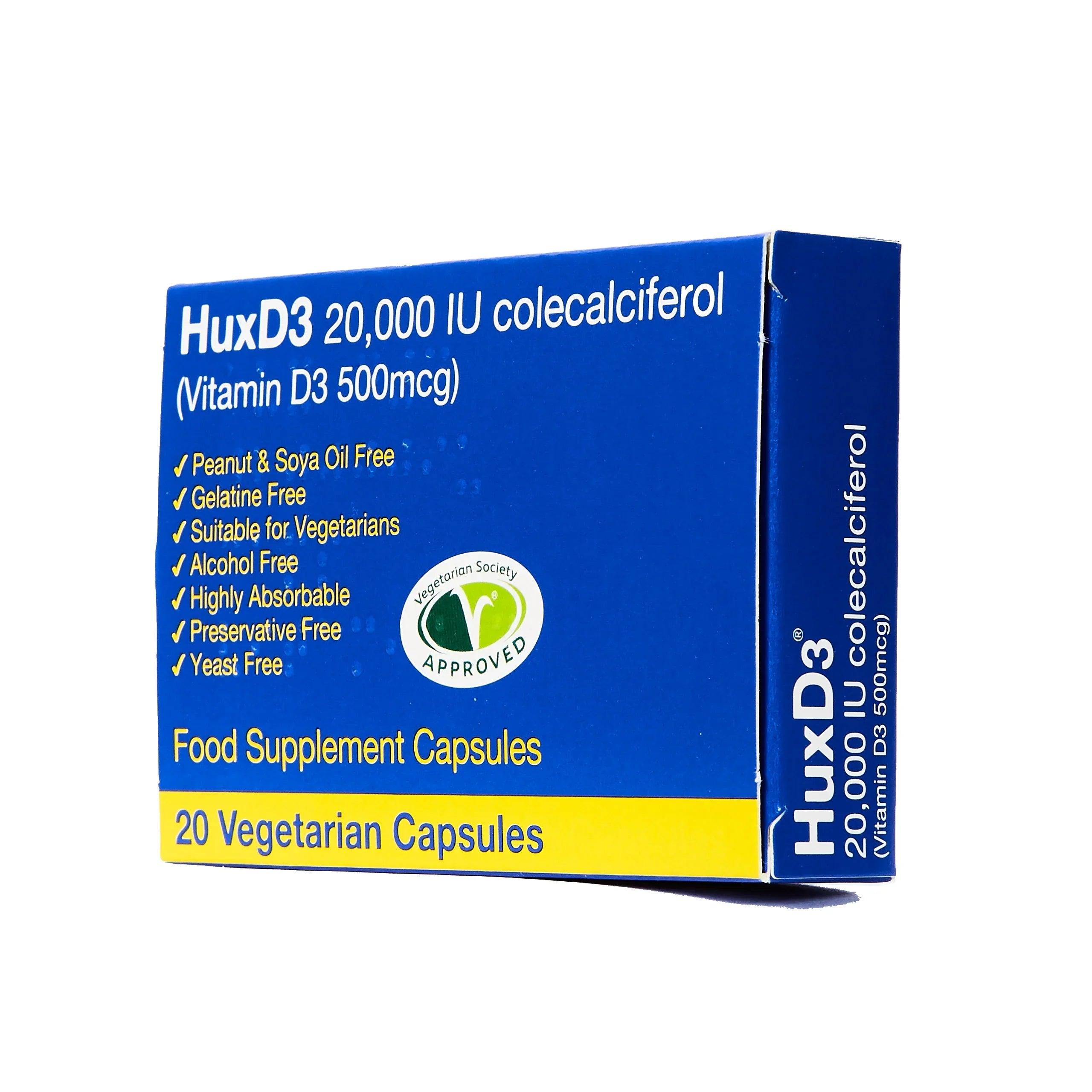HuxD3 20,000 IU Vitamin D3 capsules, vegetarian, gelatine-free, highly absorbable supplement