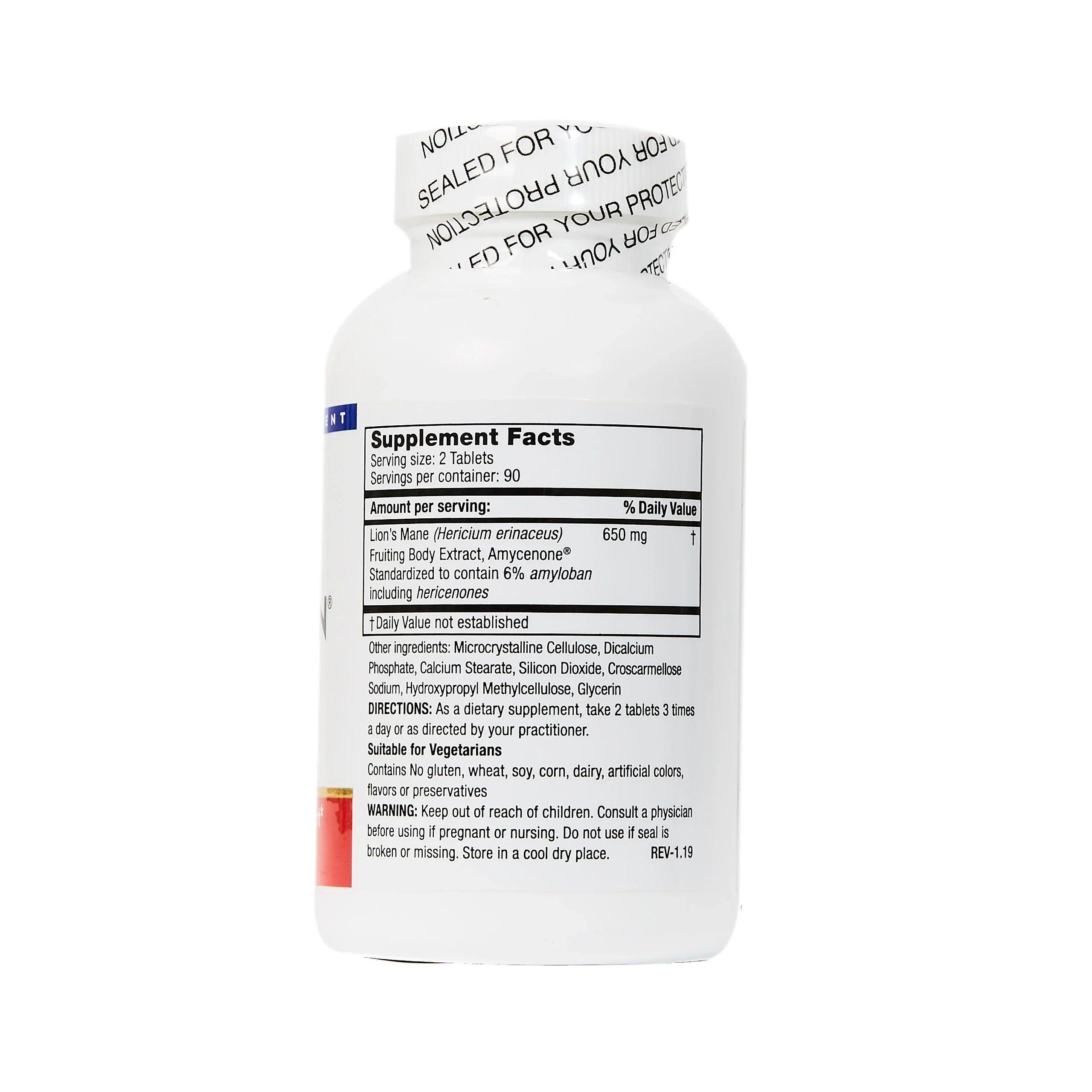 Lion's Mane supplement bottle with 650mg extract, suitable for vegetarians, gluten-free