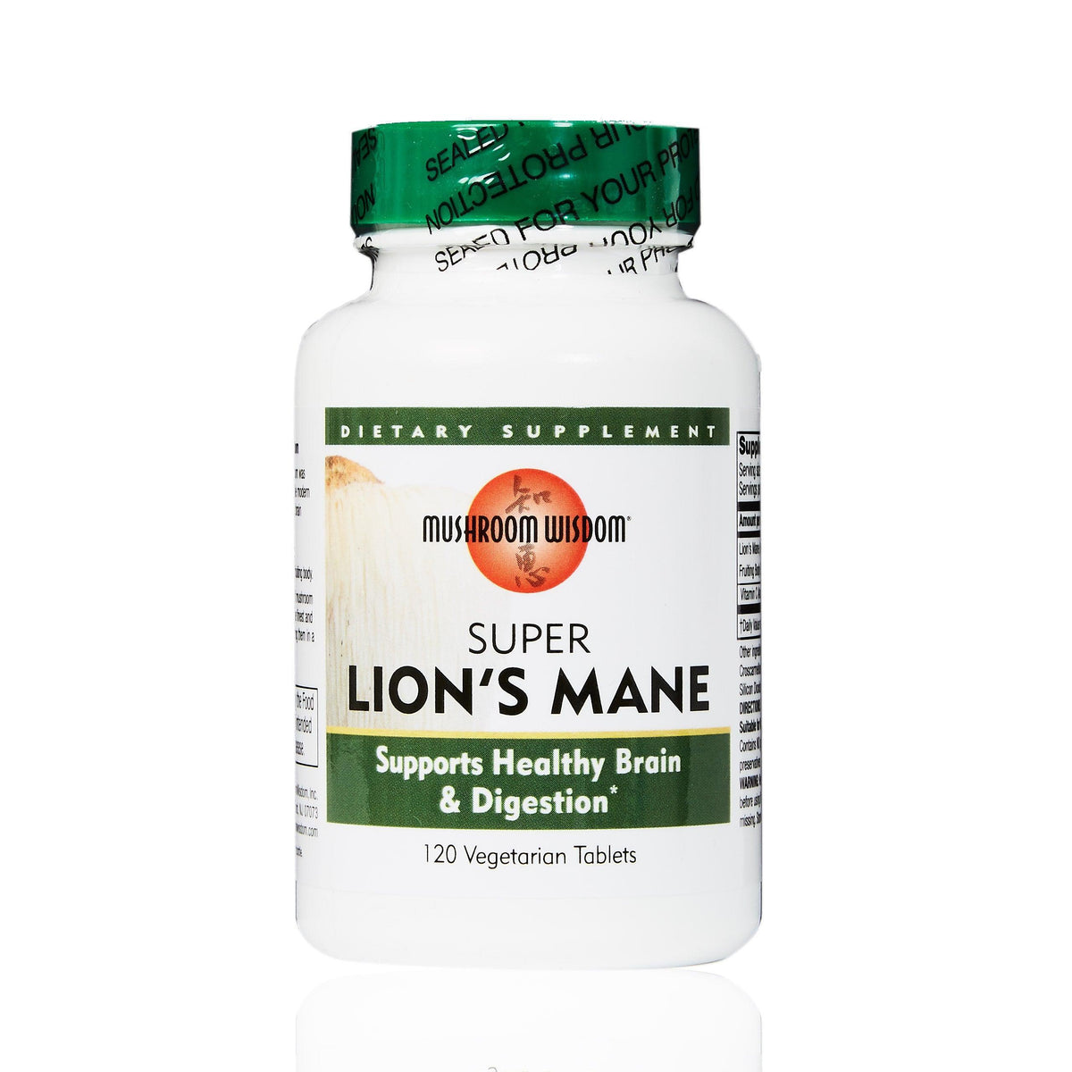 Mushroom Wisdom Super Lion's Mane dietary supplement for brain and digestion, 120 tablets.