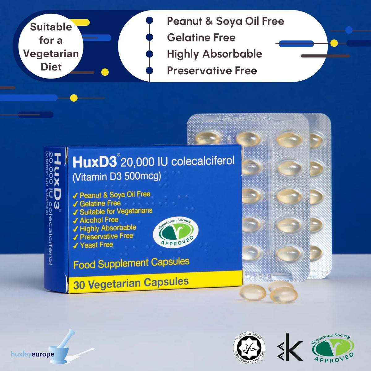 HuxD3 20,000 IU Vitamin D3 supplement box and blister pack of vegetarian capsules.